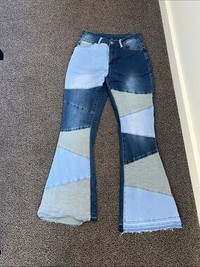 SHEIN Patchwork Flare Jeans in Mixed Blue Denim